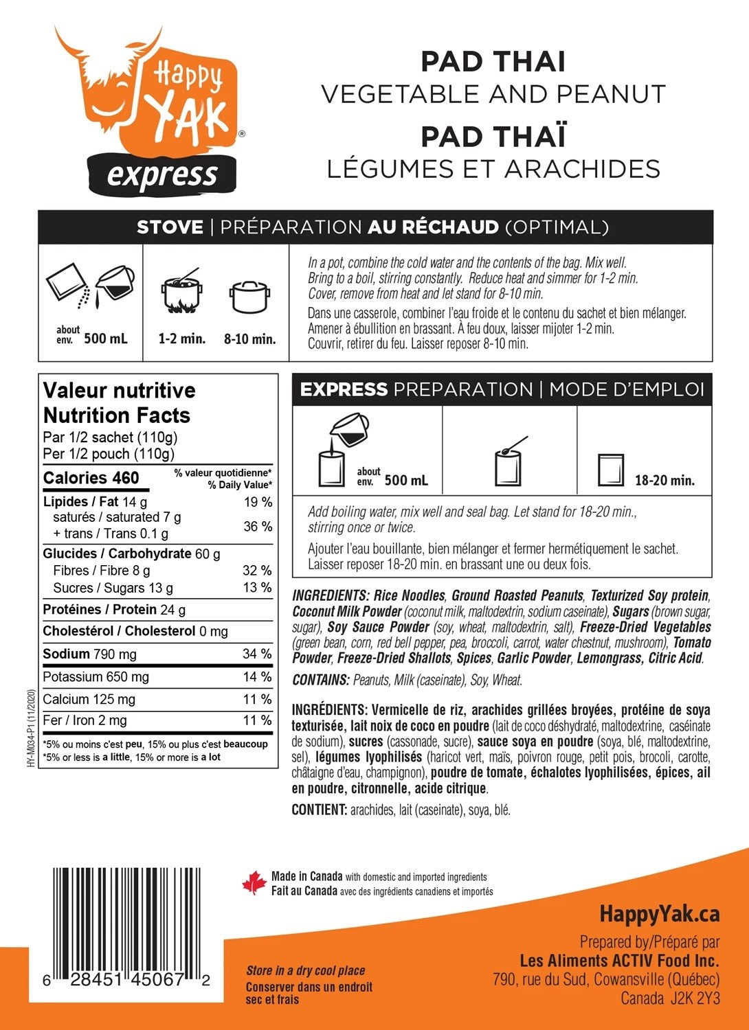Happy Yak Pad Thaï with Peanuts + Veggies (Vegan, less than 1% Gluten, Lactose Free)