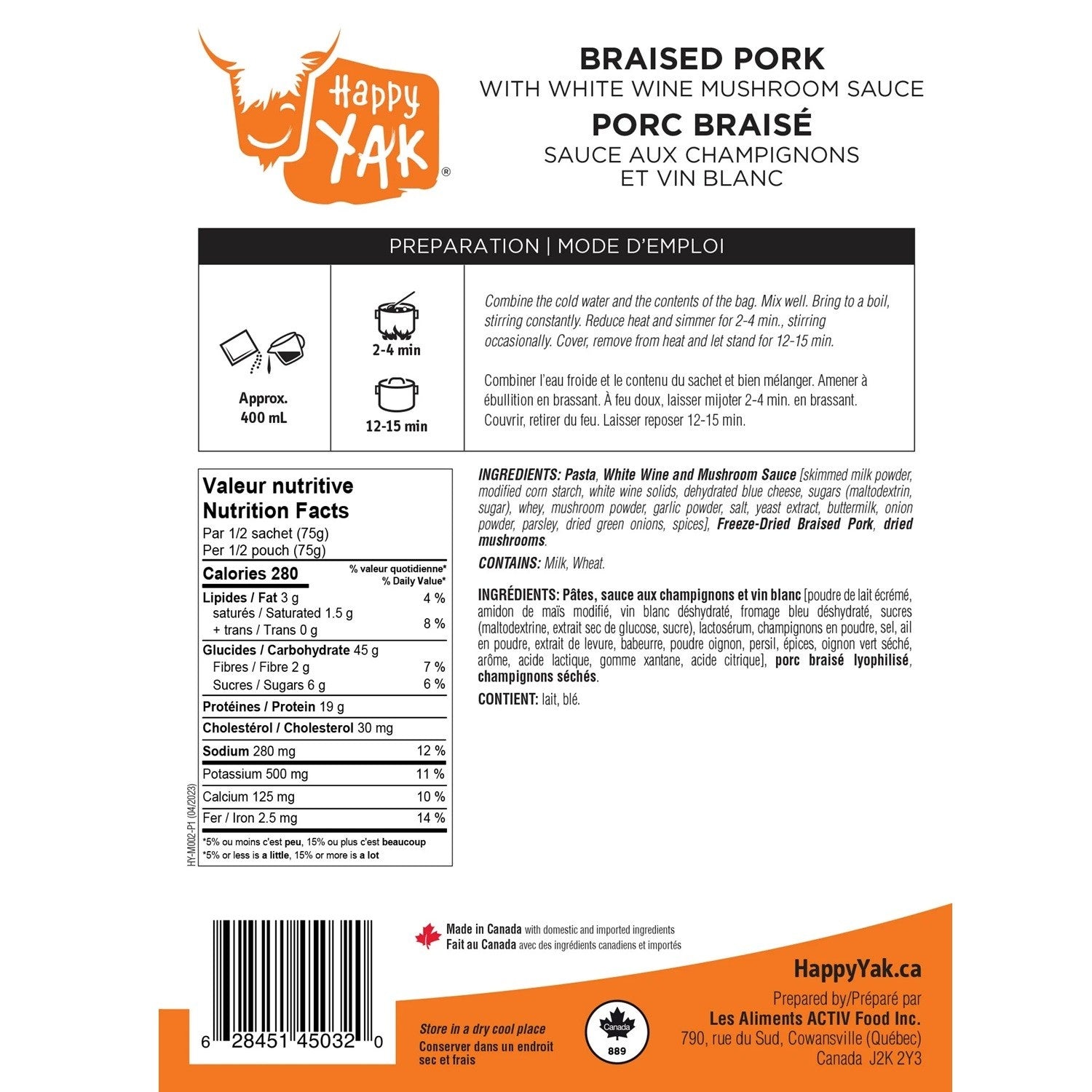 Porc braisé Happy Yak avec sauce crémeuse aux champignons