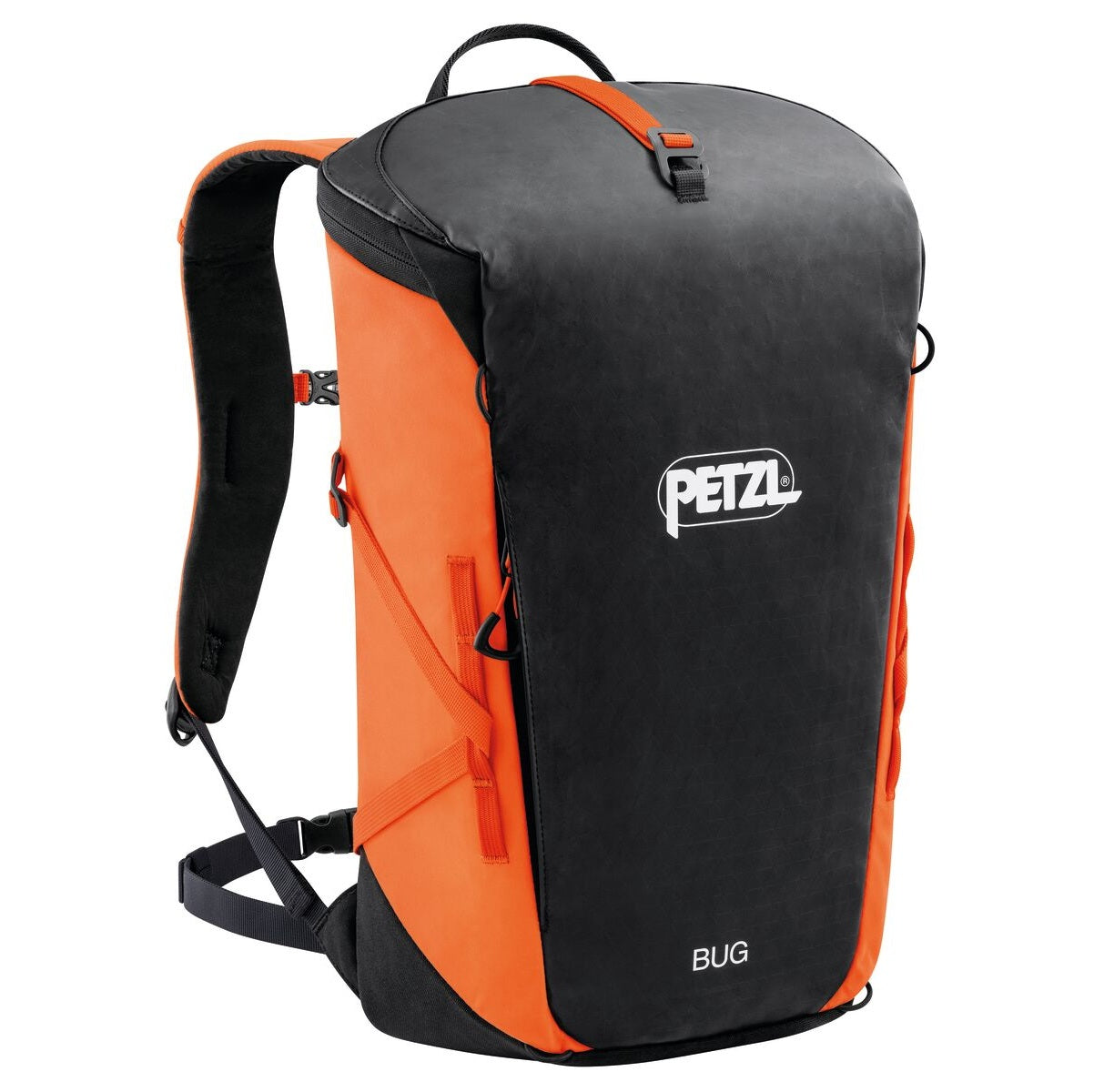 Orange and black backpack with Petzl logo on a white background