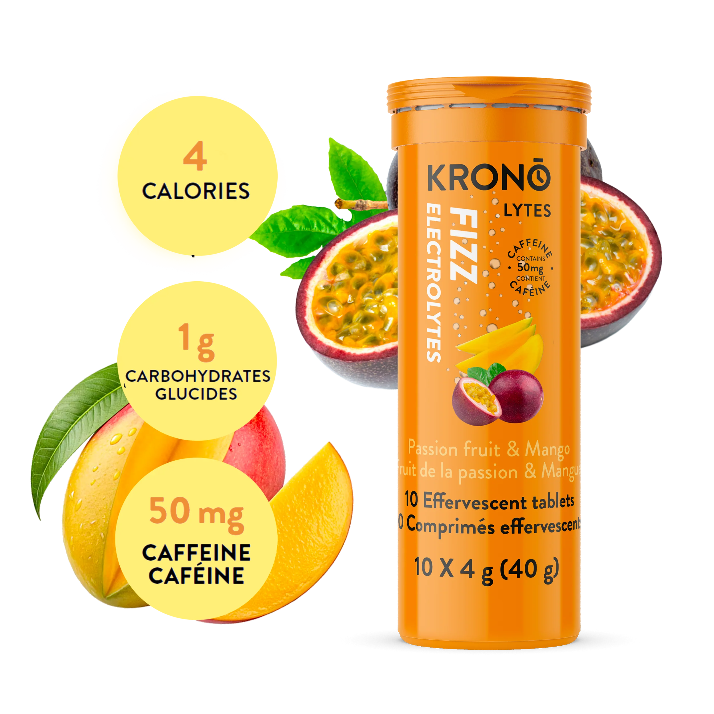 Krono Effervescent Electrolytes Passion Fruit, Mango + Caffeine