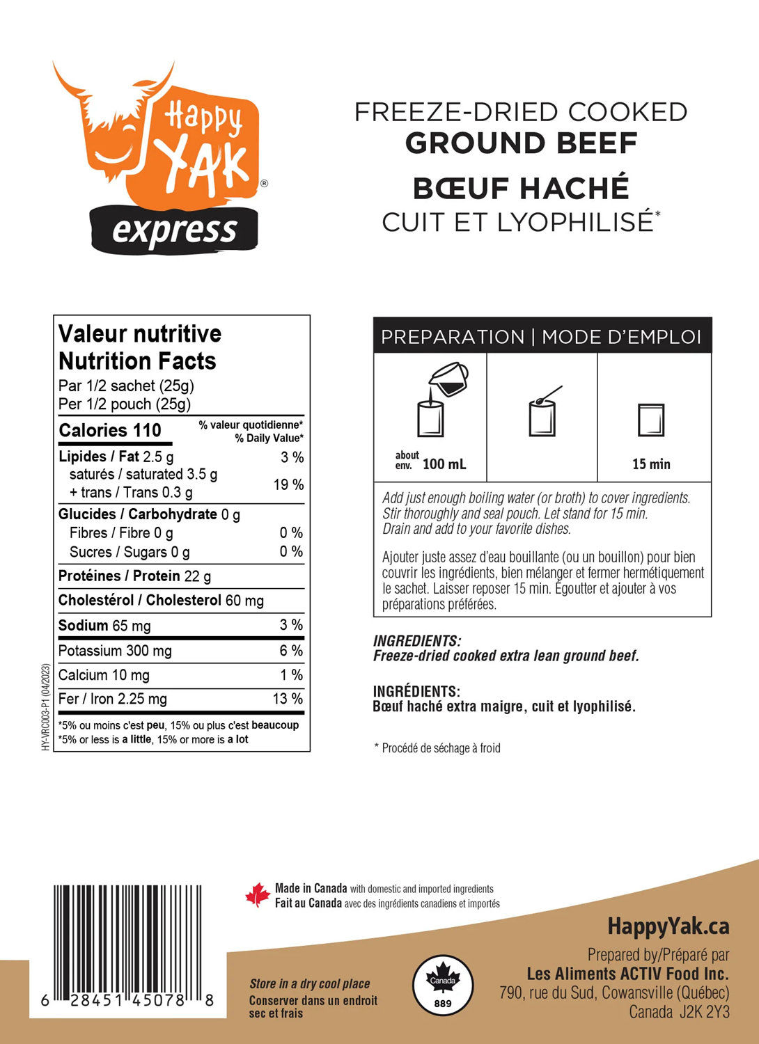 Bœuf haché cuit lyophilisé Happy Yak (50 g)