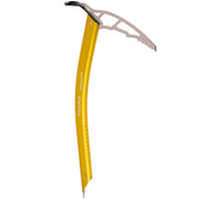 A yellow aluminum ice axe with a silver metal pick and handguard, shown against a plain white background.