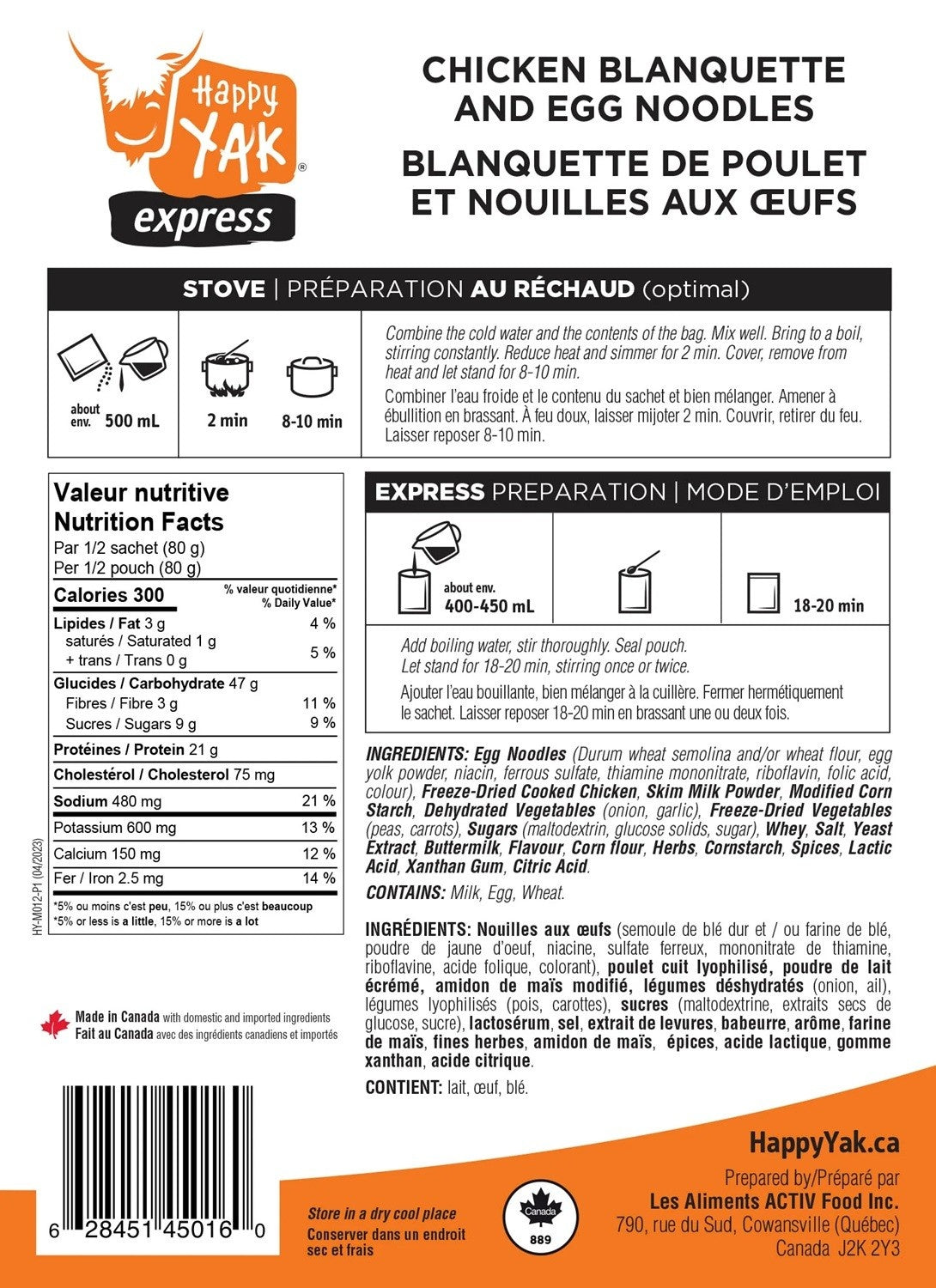 Blanquette de poulet et nouilles aux oeufs Happy Yak