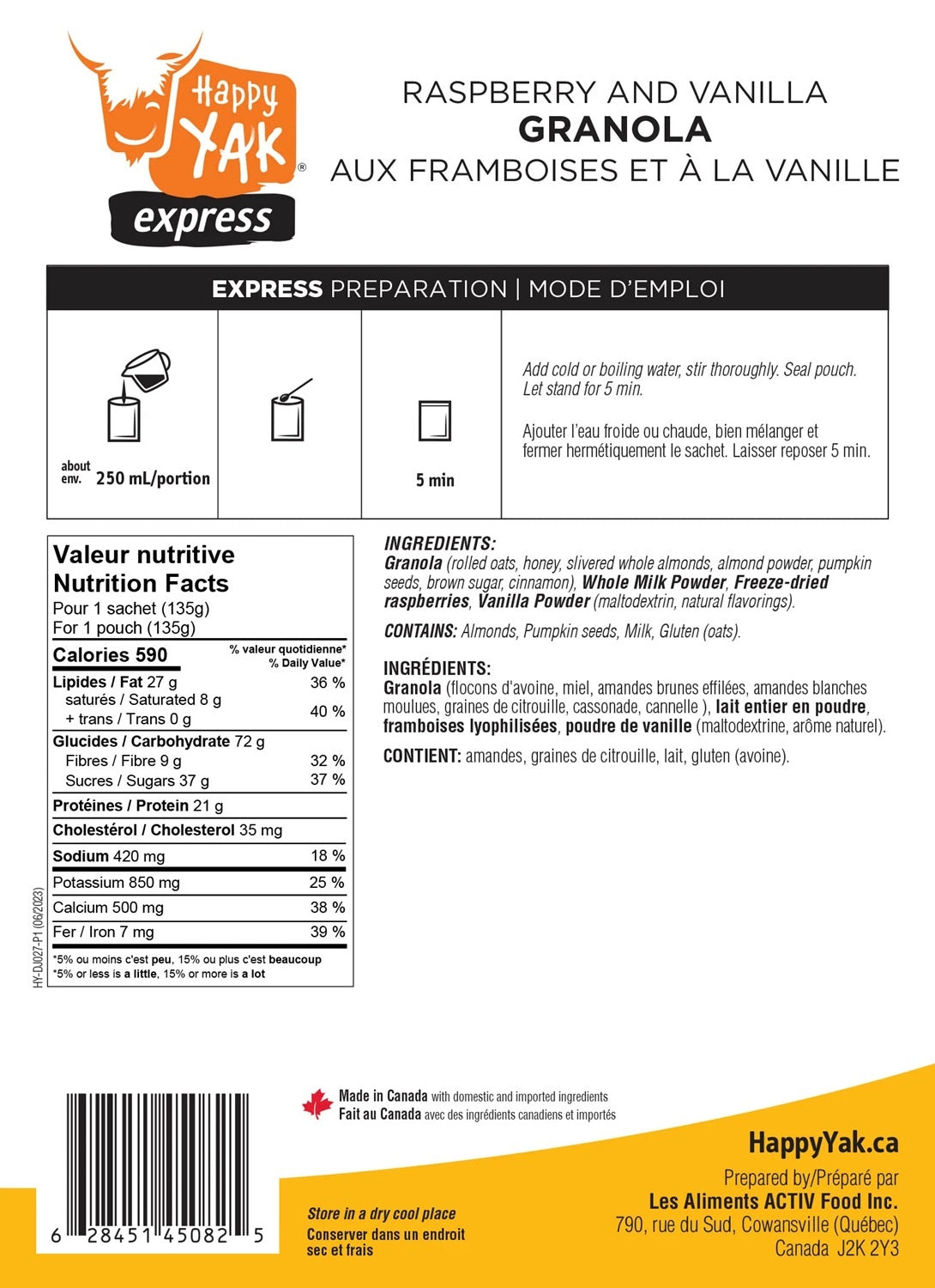 Granola framboises + vanille Happy Yak