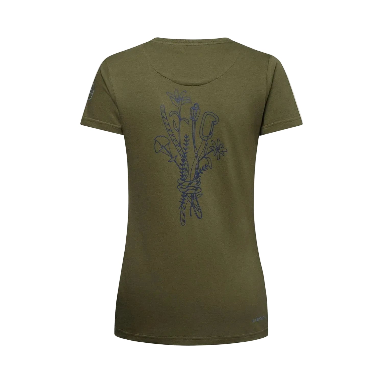 Green t-shirt with a floral design on the back against a light gray background