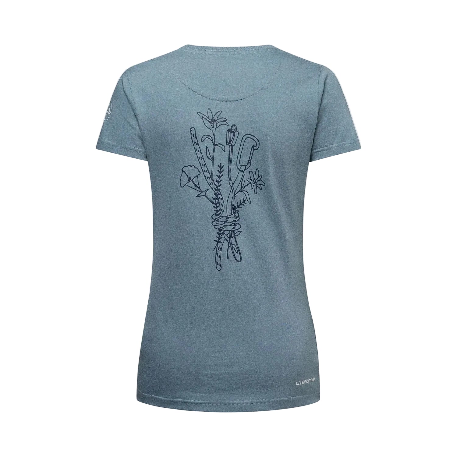 Blue t-shirt with a design on the back against a light gray background