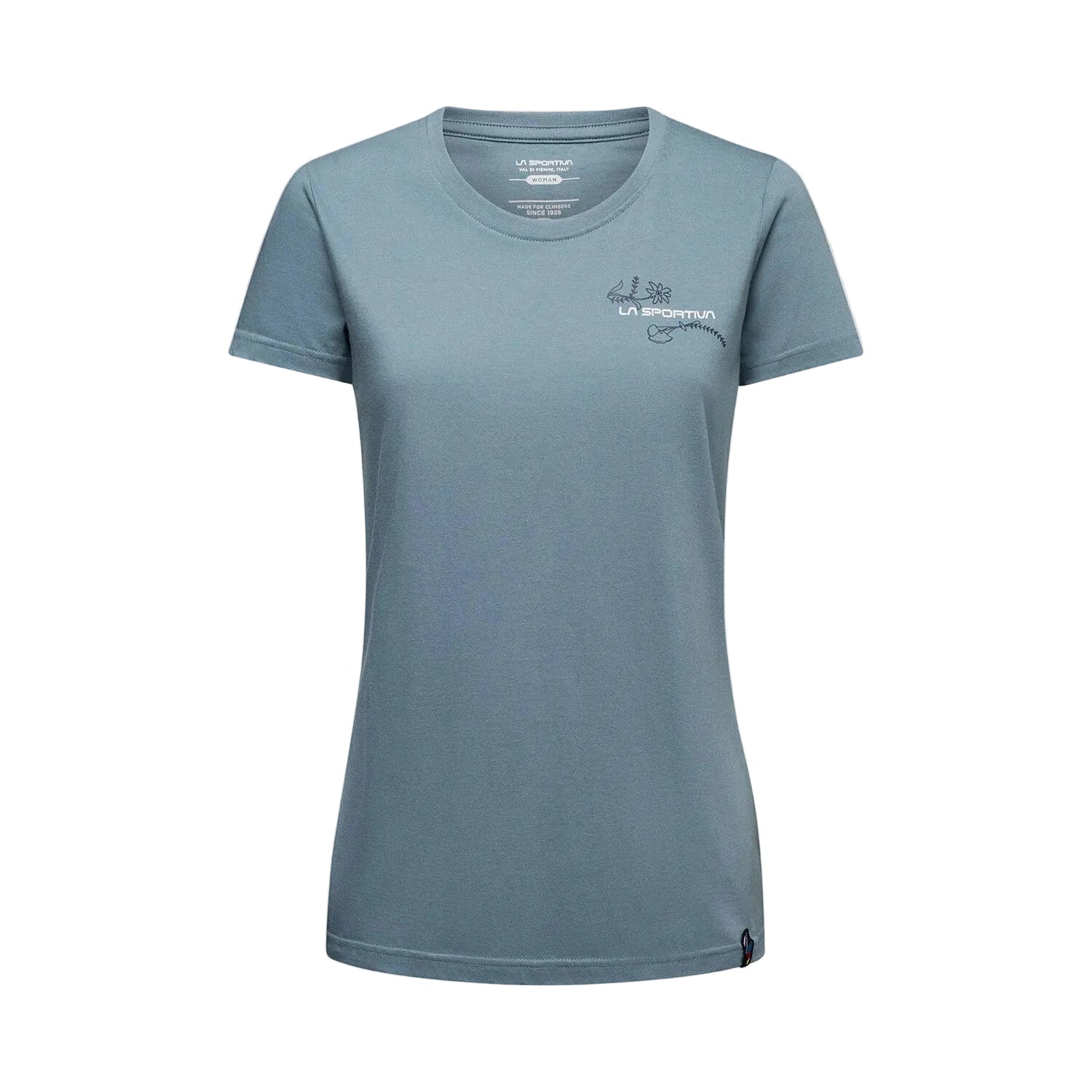 Blue t-shirt with a logo on a light gray background