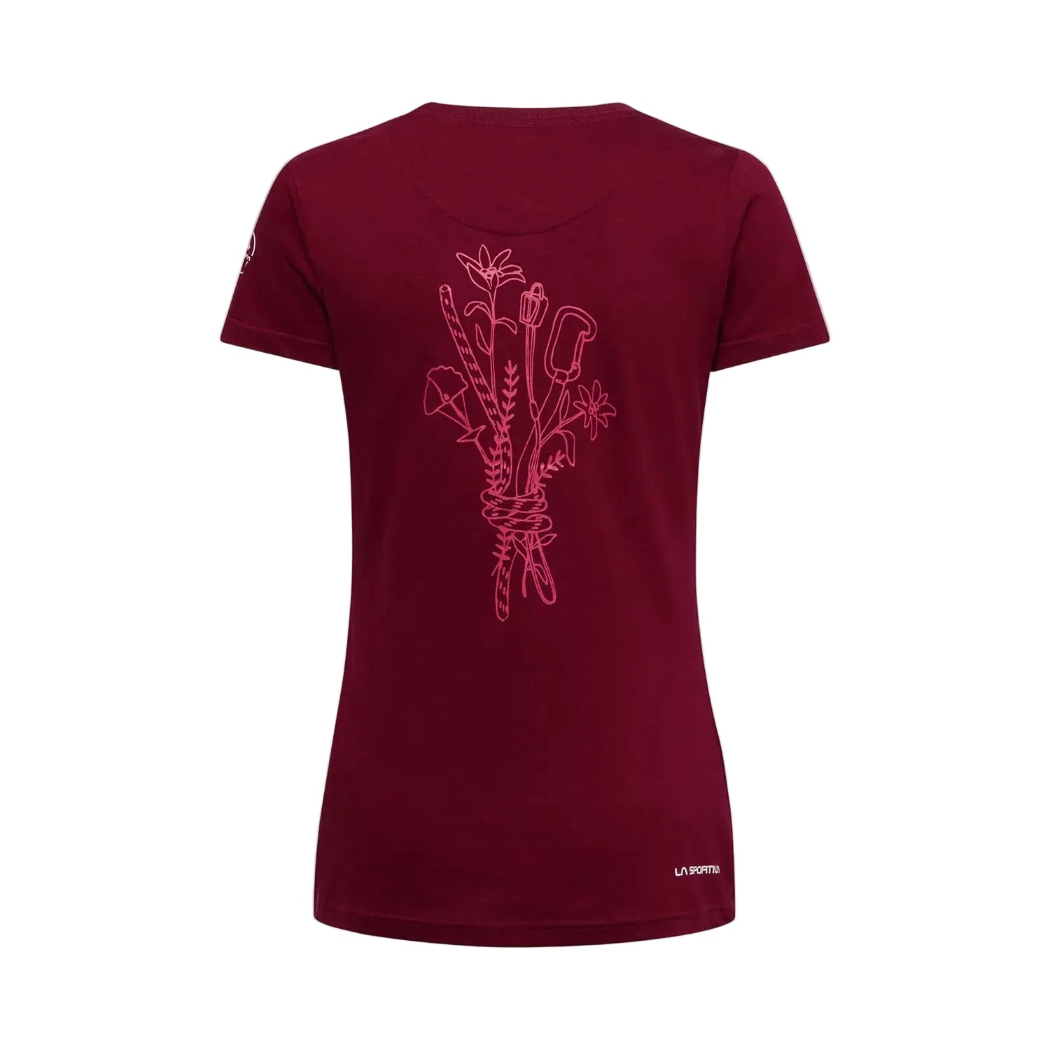 Maroon t-shirt with a floral design on the back against a light gray background