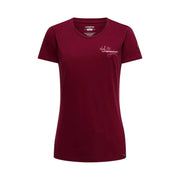 Maroon t-shirt with La Sportiva logo on a light gray background